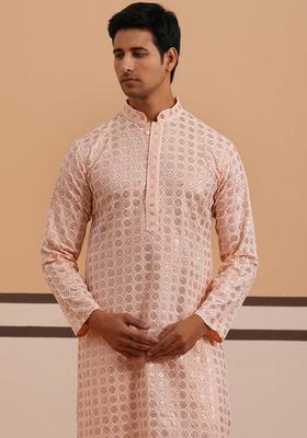Peach Embroidery Viscose Kurta Pyjama Set For Men