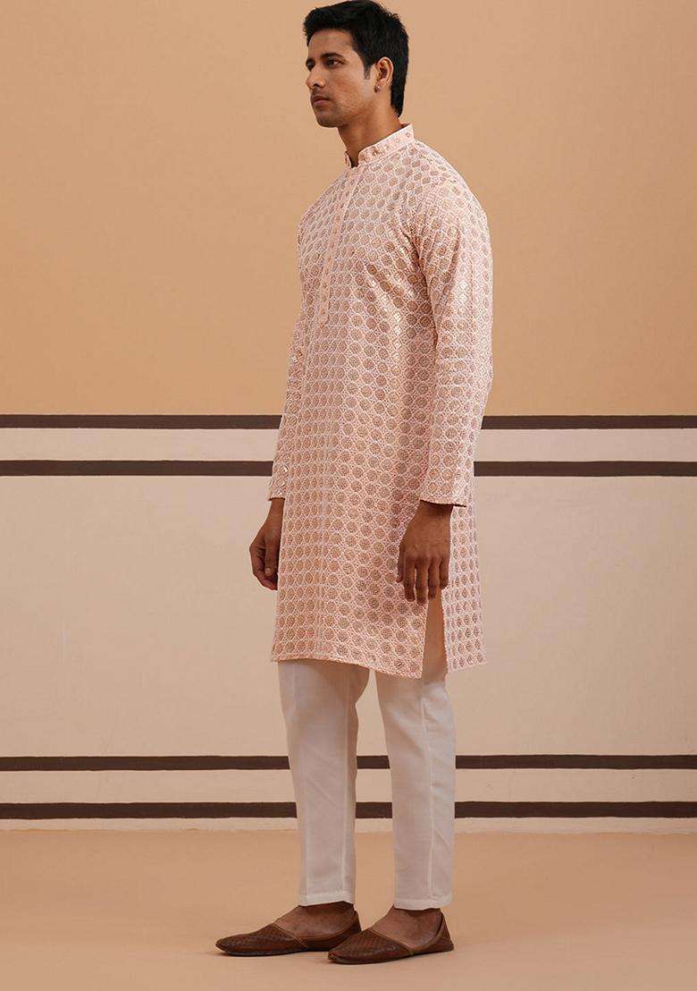 Peach Embroidery Viscose Kurta Pyjama Set For Men - Indya