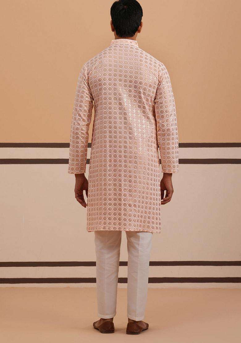 Peach Embroidery Viscose Kurta Pyjama Set For Men - Indya