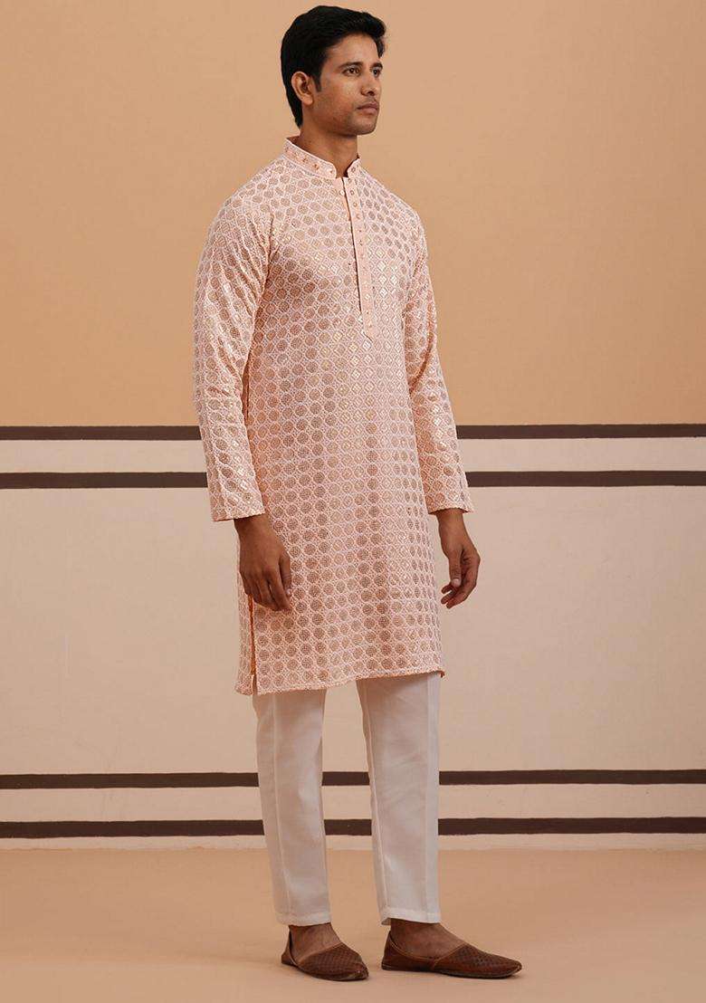 Peach Embroidery Viscose Kurta Pyjama Set For Men - Indya