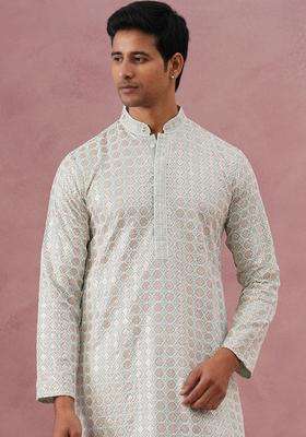 Pista Embroidery Viscose Kurta Pyjama Set For Men