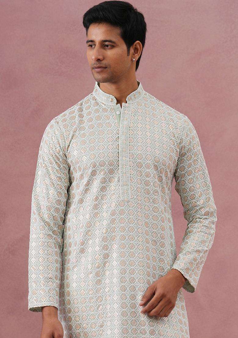 Pista Embroidery Viscose Kurta Pyjama Set For Men - Indya