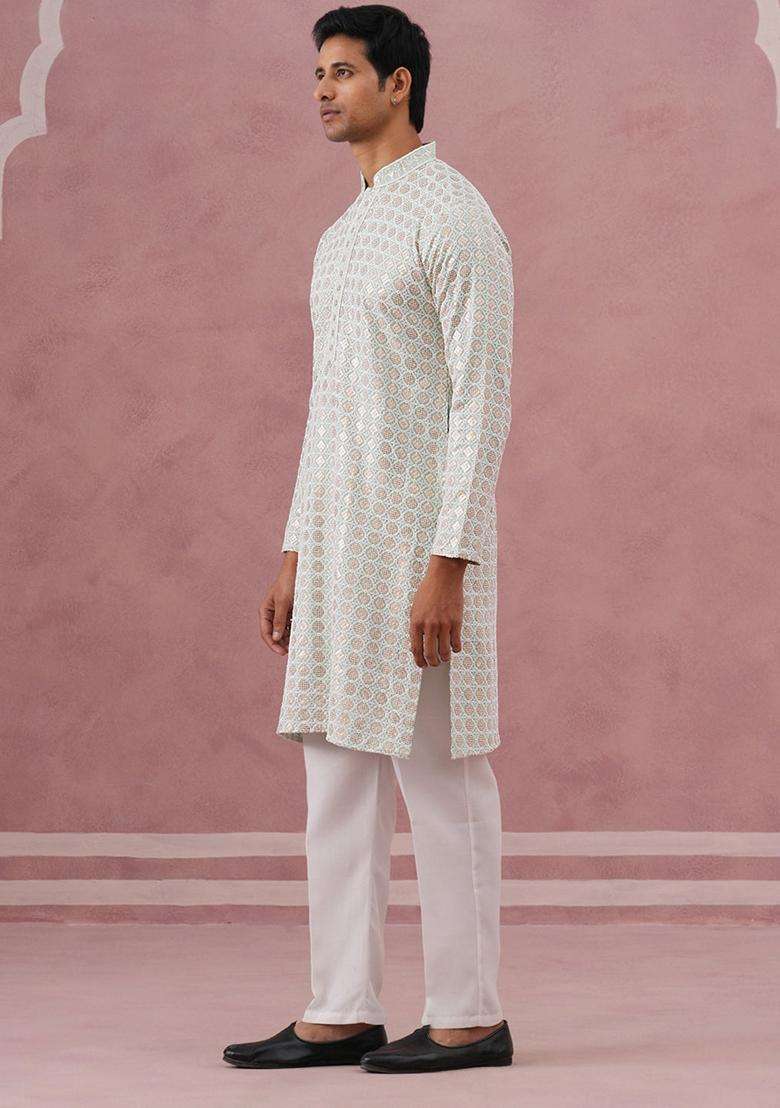 Pista Embroidery Viscose Kurta Pyjama Set For Men - Indya