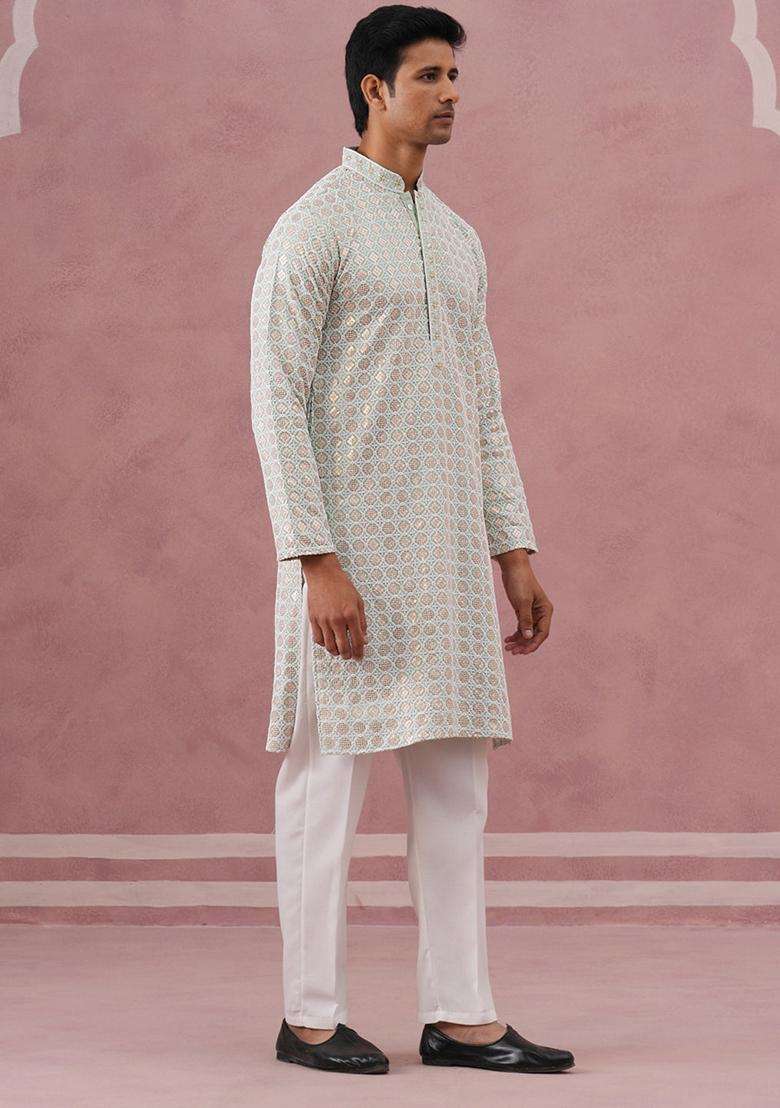 Pista Embroidery Viscose Kurta Pyjama Set For Men - Indya