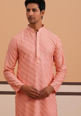 Peach Embroidery Viscose Kurta Pyjama Set For Men