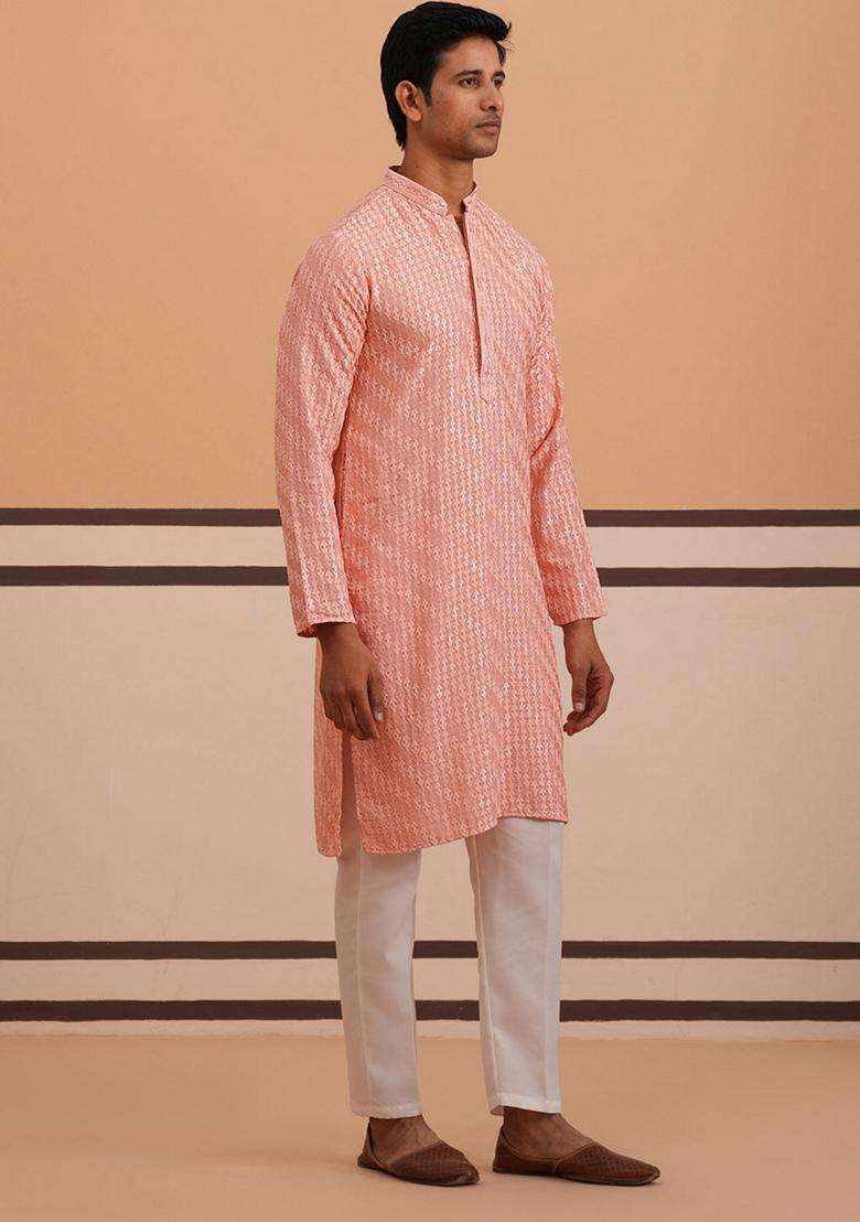 Peach Embroidery Viscose Kurta Pyjama Set For Men - Indya