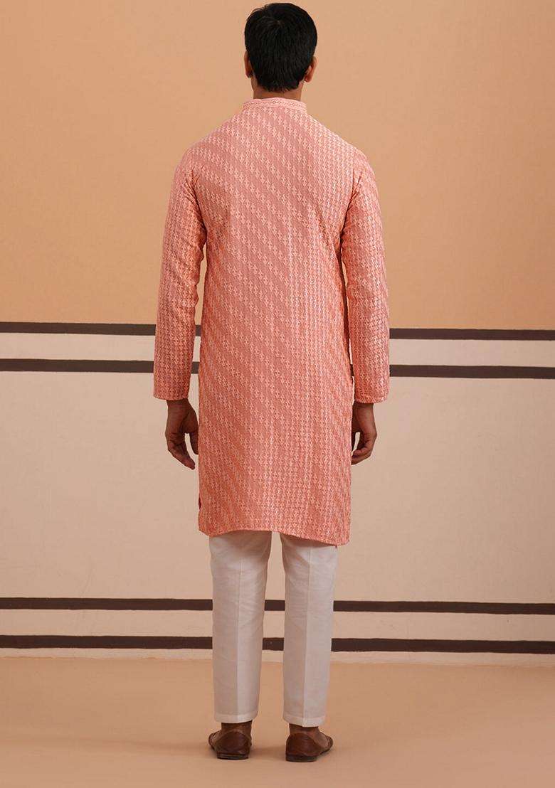 Peach Embroidery Viscose Kurta Pyjama Set For Men - Indya