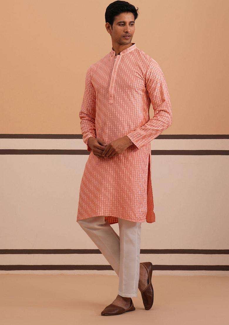 Peach Embroidery Viscose Kurta Pyjama Set For Men - Indya