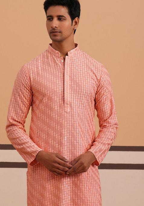 Peach Embroidery Viscose Kurta Pyjama Set For Men