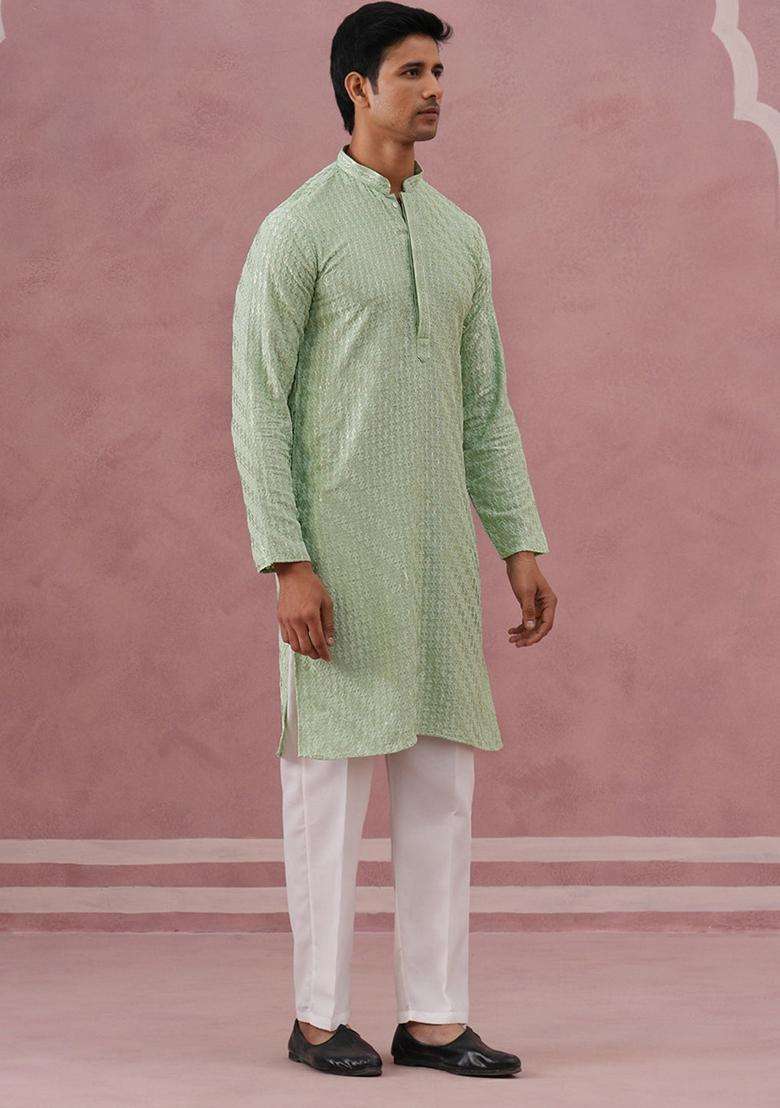 Pista Embroidery Viscose Kurta Pyjama Set For Men - Indya
