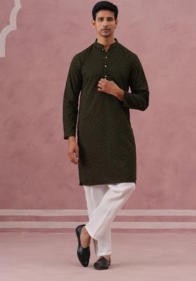 Olive Embroidery Cotton Kurta Pyjama Set For Men