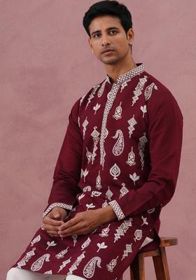 Maroon Embroidery Silk Kurta Pyjama Set For Men