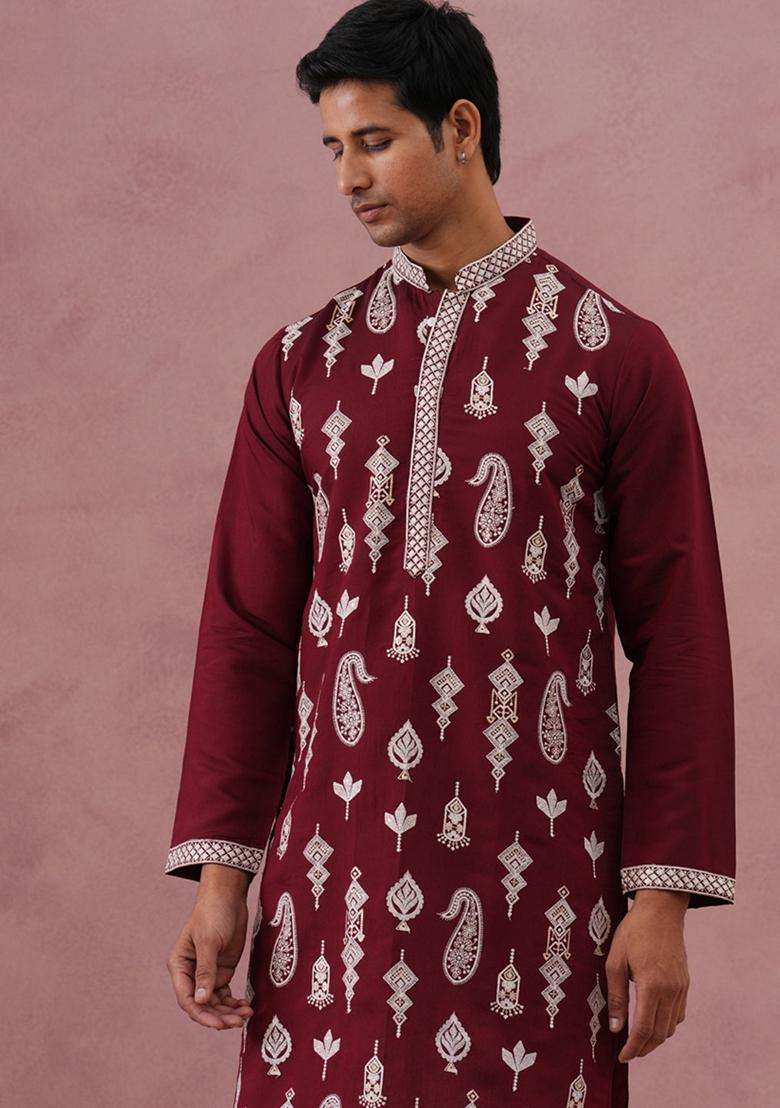 Maroon Embroidery Silk Blend Kurta Pyjama Set For Men - Indya
