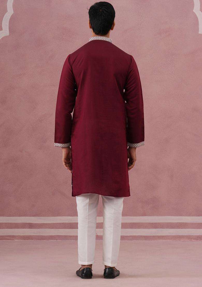 Maroon Embroidery Silk Blend Kurta Pyjama Set For Men - Indya
