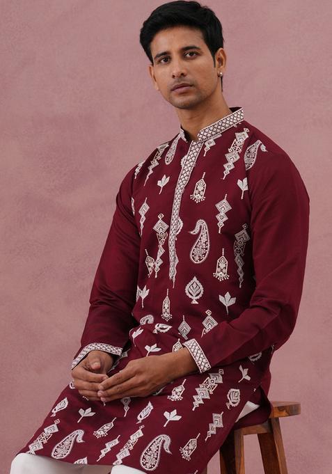 Maroon Embroidery Silk Blend Kurta Pyjama Set For Men