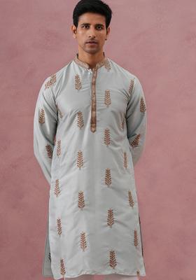 Sky Blue Embroidery Silk Blend Kurta Pyjama Set For Men