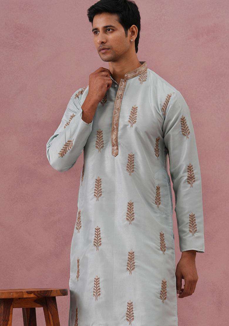 Sky Blue Embroidery Silk Blend Kurta Pyjama Set For Men - Indya