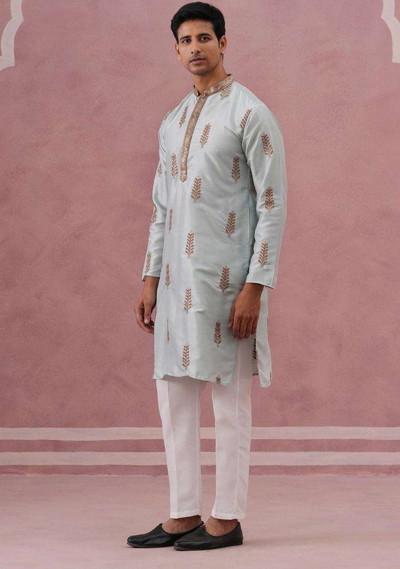 Sky Blue Embroidery Silk Blend Kurta Pyjama Set For Men - Indya