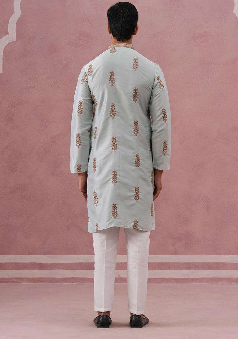 Sky Blue Embroidery Silk Blend Kurta Pyjama Set For Men - Indya