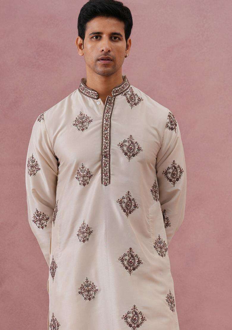 Cream Embroidery Silk Blend Kurta Pyjama Set For Men - Indya