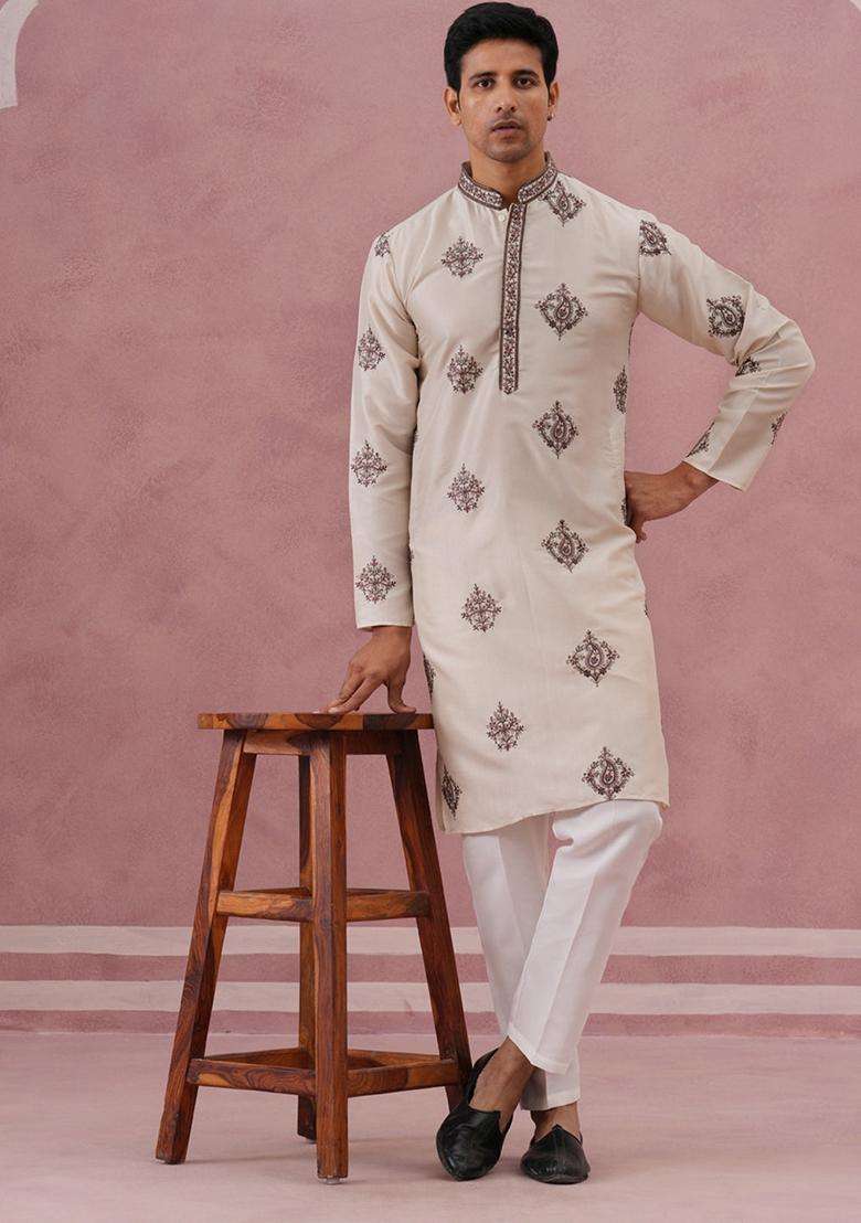 Cream Embroidery Silk Blend Kurta Pyjama Set For Men - Indya