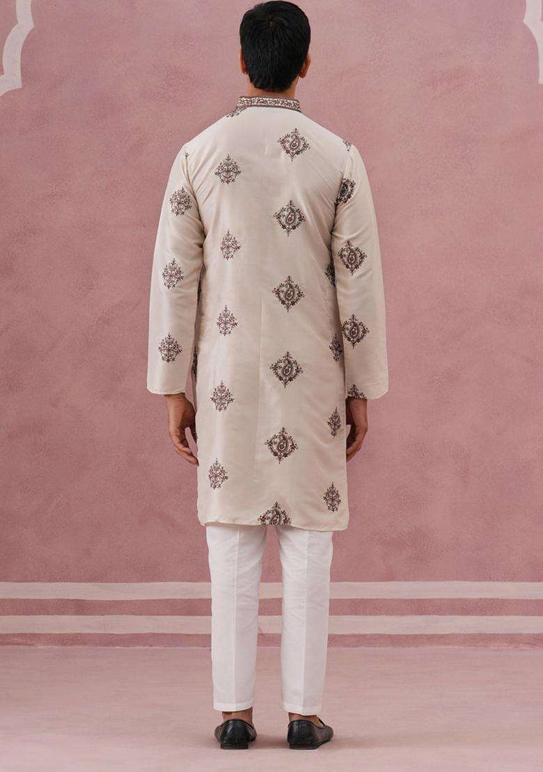 Cream Embroidery Silk Blend Kurta Pyjama Set For Men - Indya