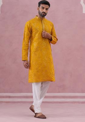 Mustard Embroidery Silk Blend Kurta Pyjama Set For Men