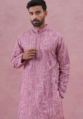 Lavender Embroidery Cotton Kurta Pyjama Set For Men