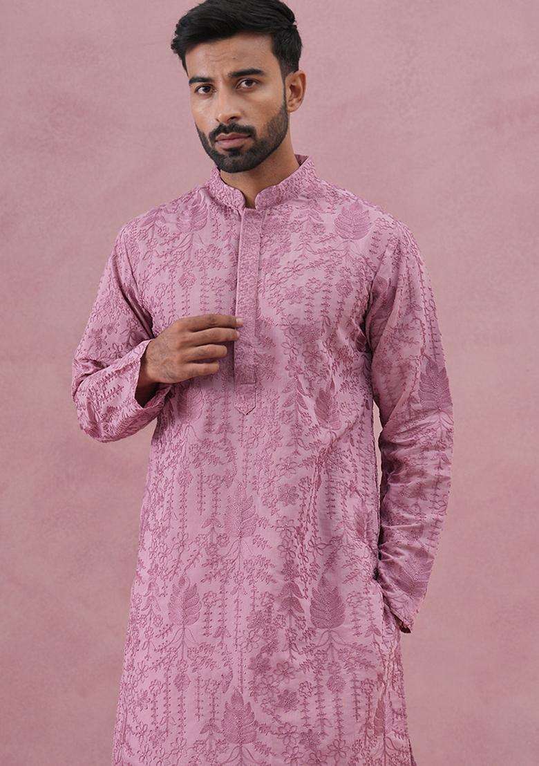 Lavender Embroidery Cotton Kurta Pyjama Set For Men - Indya