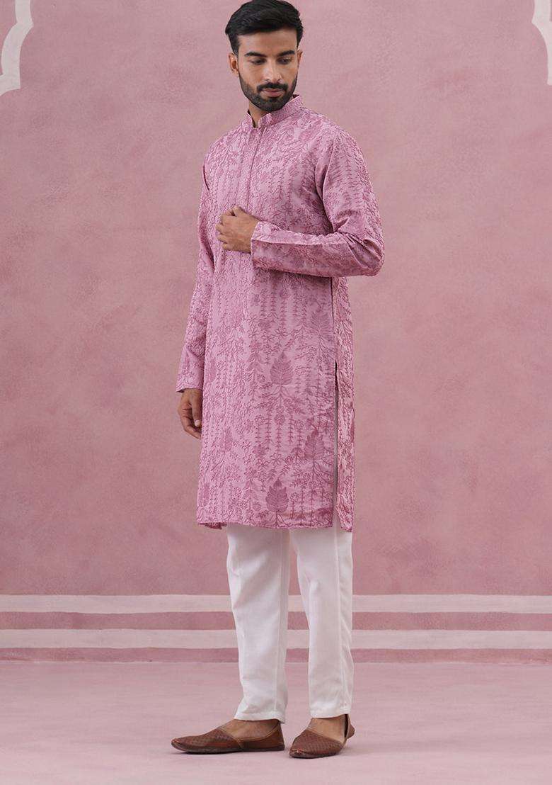 Lavender Embroidery Cotton Kurta Pyjama Set For Men - Indya