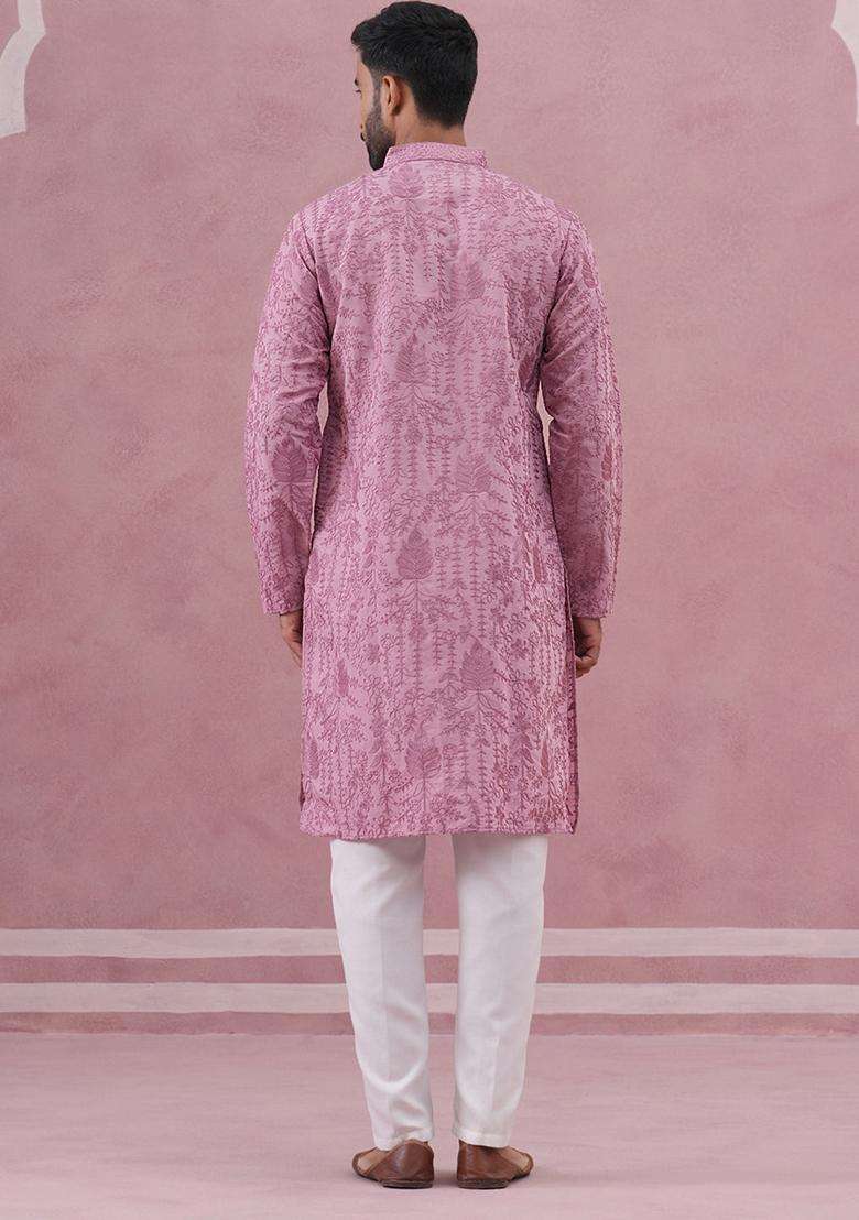 Lavender Embroidery Cotton Kurta Pyjama Set For Men - Indya