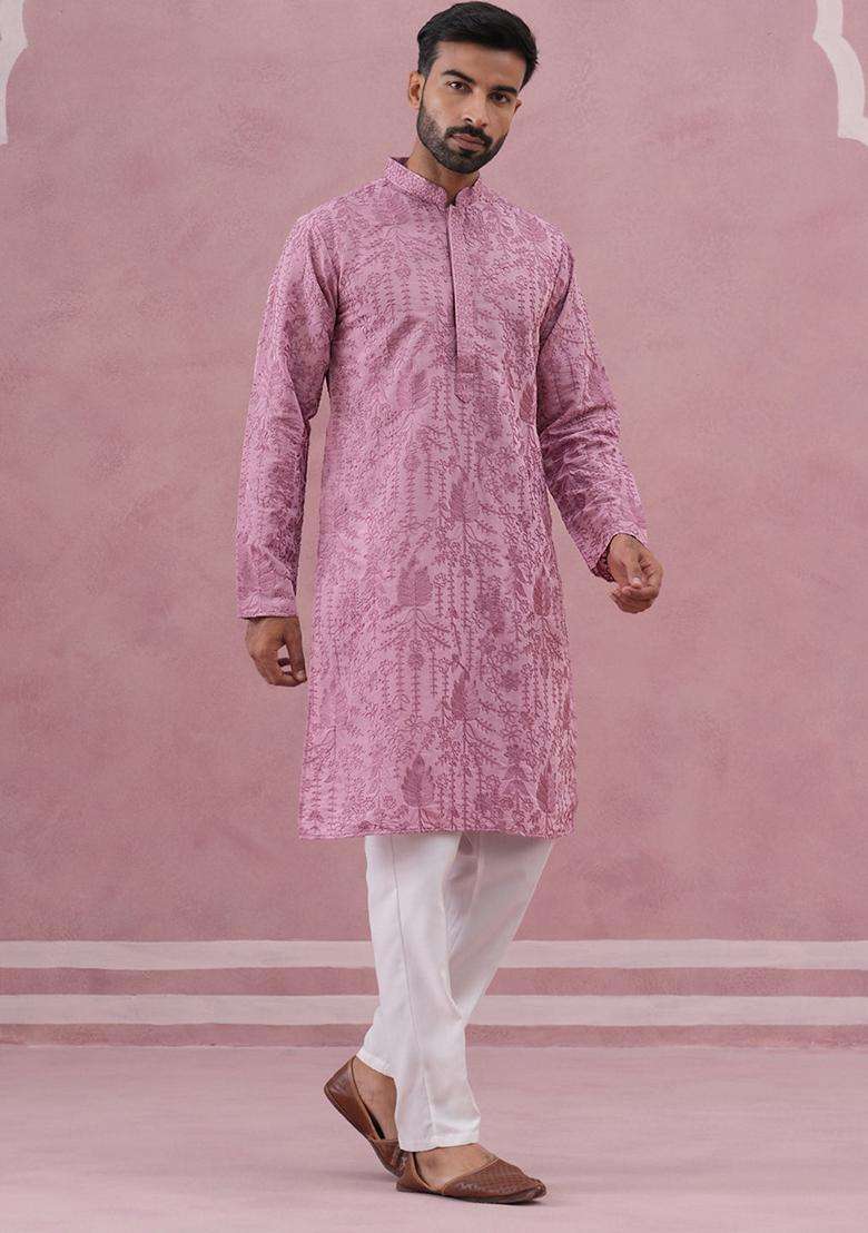 Lavender Embroidery Cotton Kurta Pyjama Set For Men - Indya