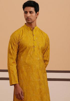 Mustard Embroidery Silk Blend Kurta Pyjama Set For Men