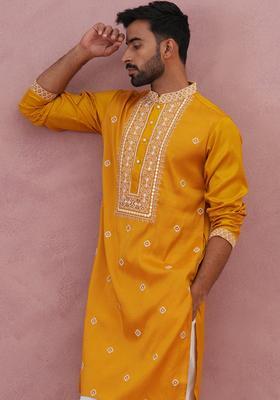 Mustard Embroidery Silk Blend Kurta Pyjama Set For Men