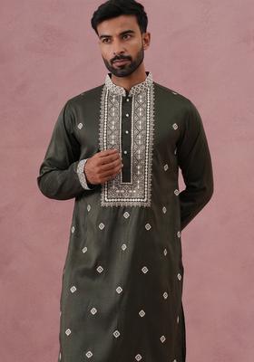 Olive Embroidery Silk Kurta Pyjama Set For Men
