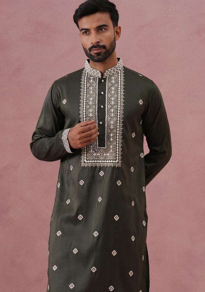 Olive Embroidery Silk Blend Kurta Pyjama Set For Men - Indya