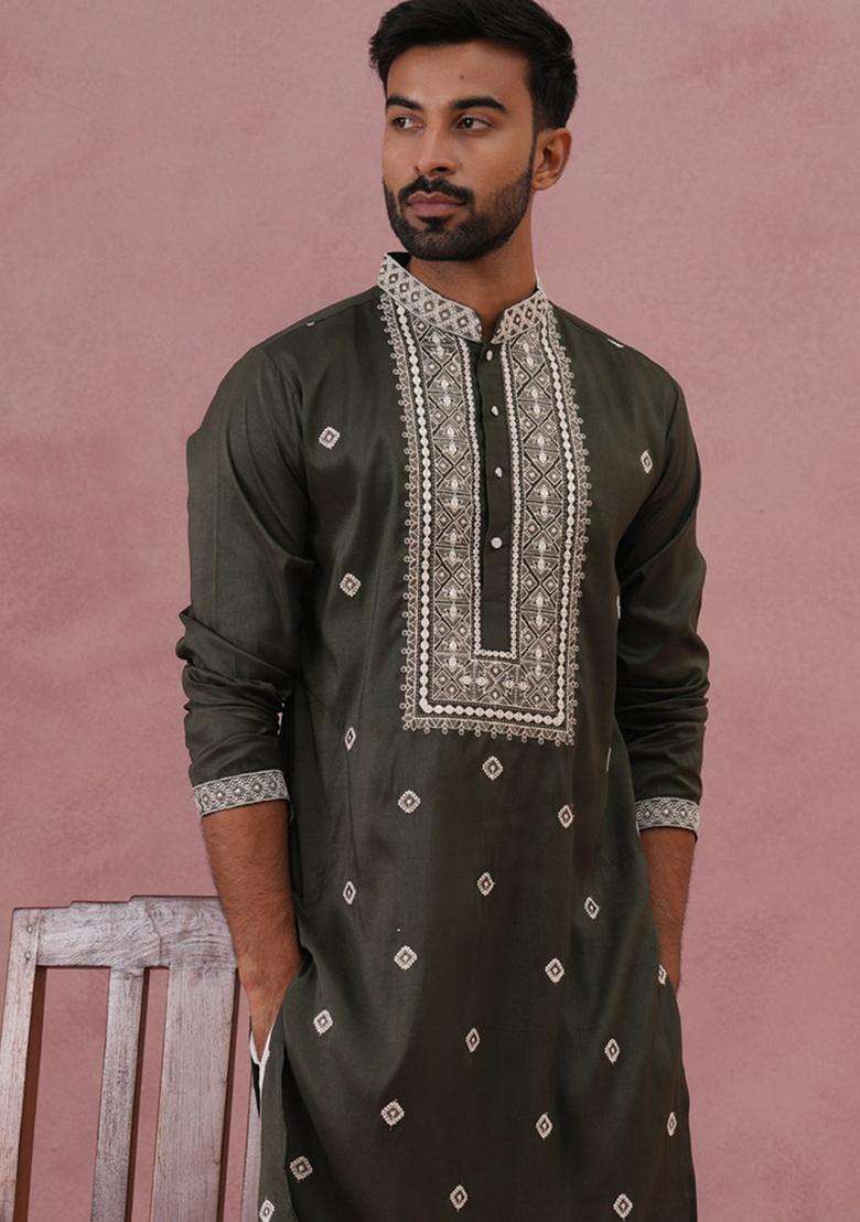 Olive Embroidery Silk Blend Kurta Pyjama Set For Men - Indya