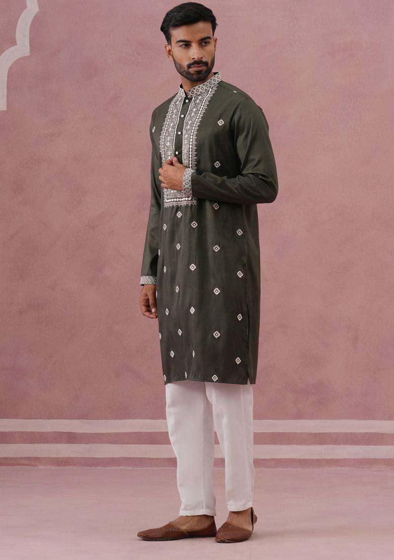 Olive Embroidery Silk Blend Kurta Pyjama Set For Men - Indya