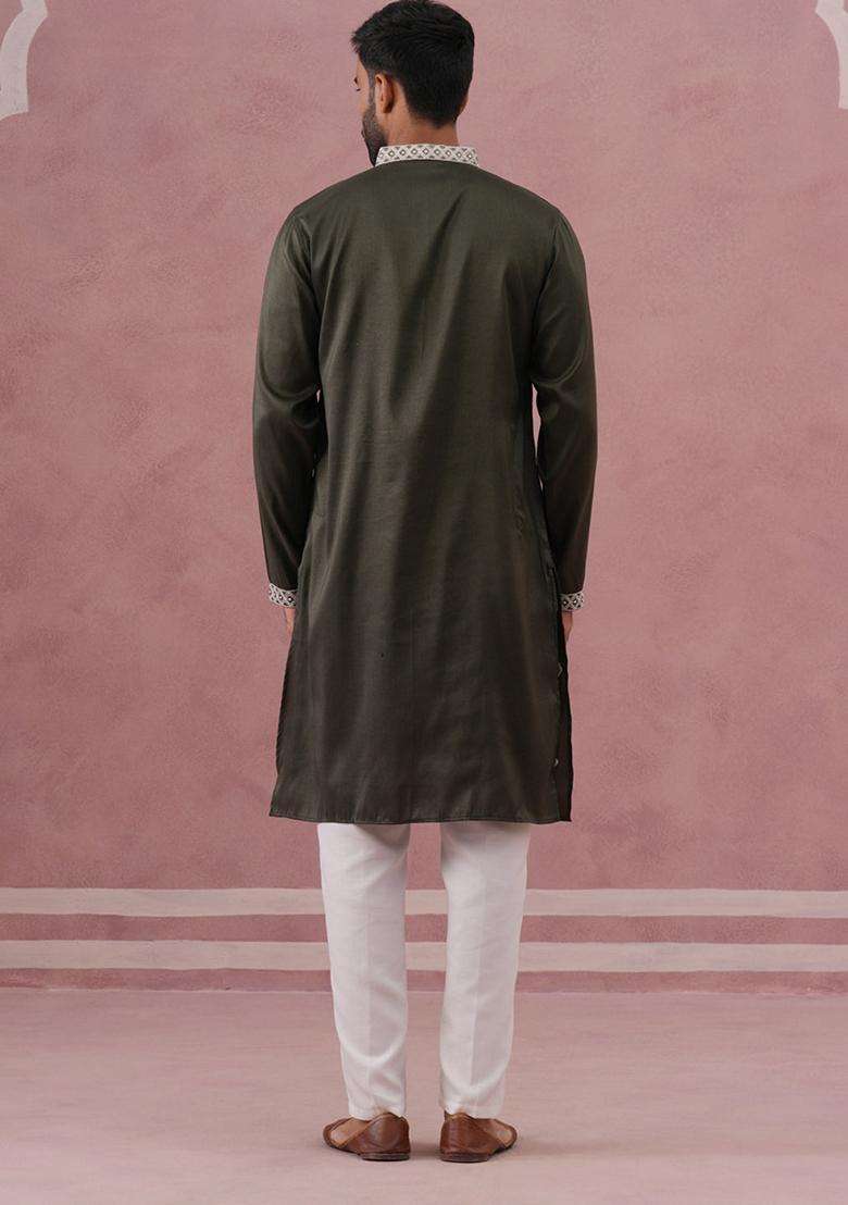 Olive Embroidery Silk Blend Kurta Pyjama Set For Men - Indya