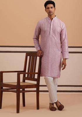 Lavender Embroidery Silk Blend Kurta Pyjama Set For Men