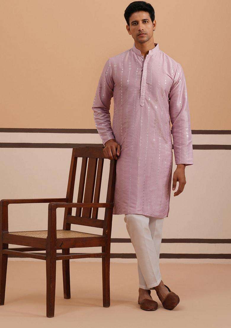 Lavender Embroidery Silk Blend Kurta Pyjama Set For Men - Indya