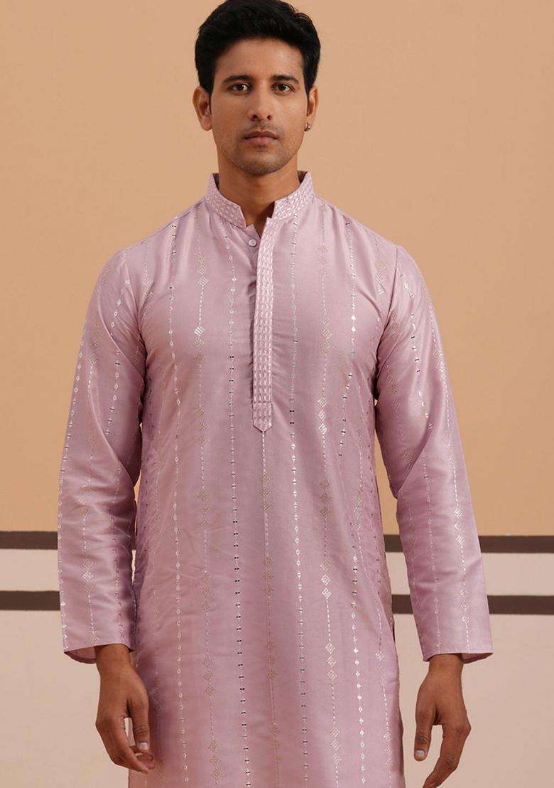Lavender Embroidery Silk Blend Kurta Pyjama Set For Men - Indya