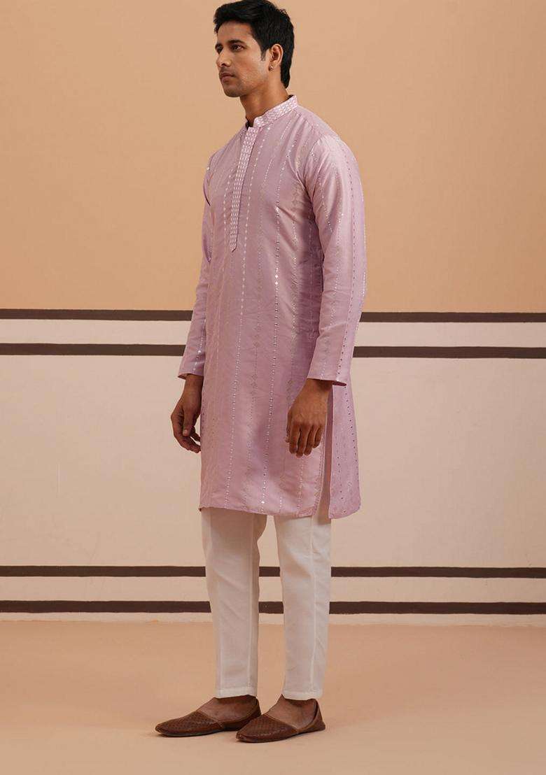 Lavender Embroidery Silk Blend Kurta Pyjama Set For Men - Indya