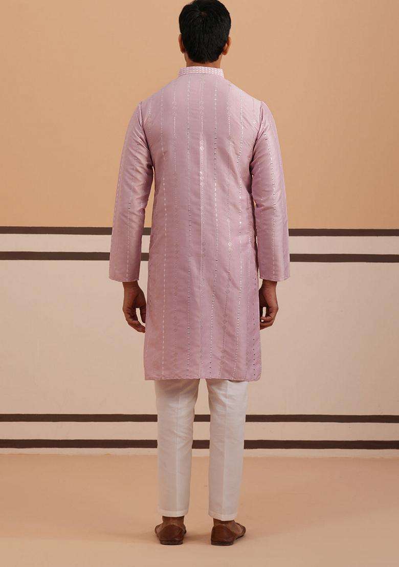 Lavender Embroidery Silk Blend Kurta Pyjama Set For Men - Indya
