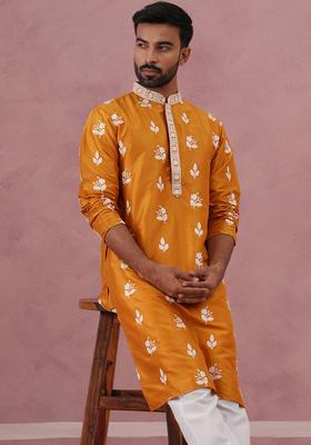 Mustard Embroidery Silk Blend Kurta Pyjama Set For Men