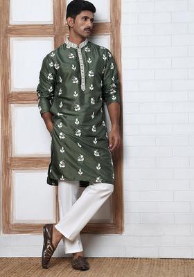 Olive Embroidery Silk Kurta Pyjama Set For Men