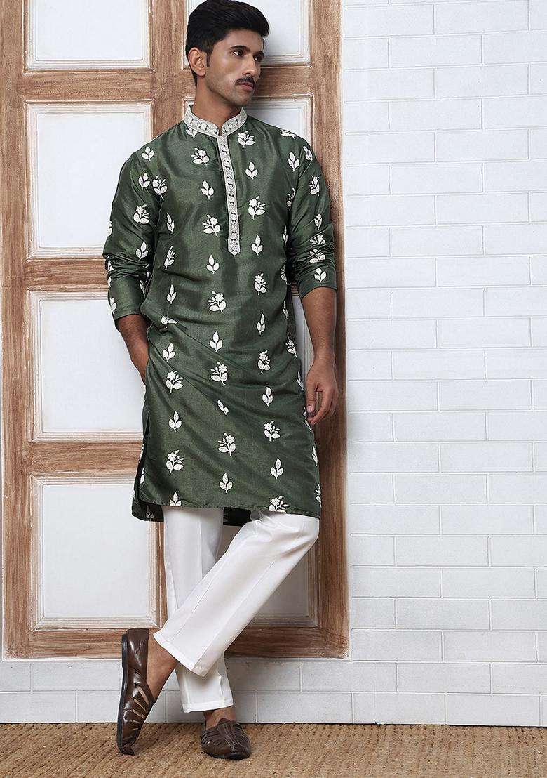 Olive Embroidery Silk Blend Kurta Pyjama Set For Men - Indya