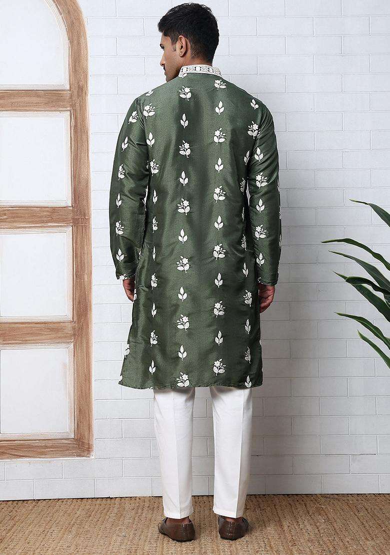 Olive Embroidery Silk Blend Kurta Pyjama Set For Men - Indya