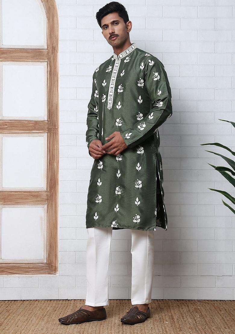 Olive Embroidery Silk Blend Kurta Pyjama Set For Men - Indya