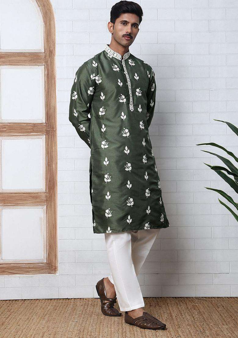 Olive Embroidery Silk Blend Kurta Pyjama Set For Men - Indya